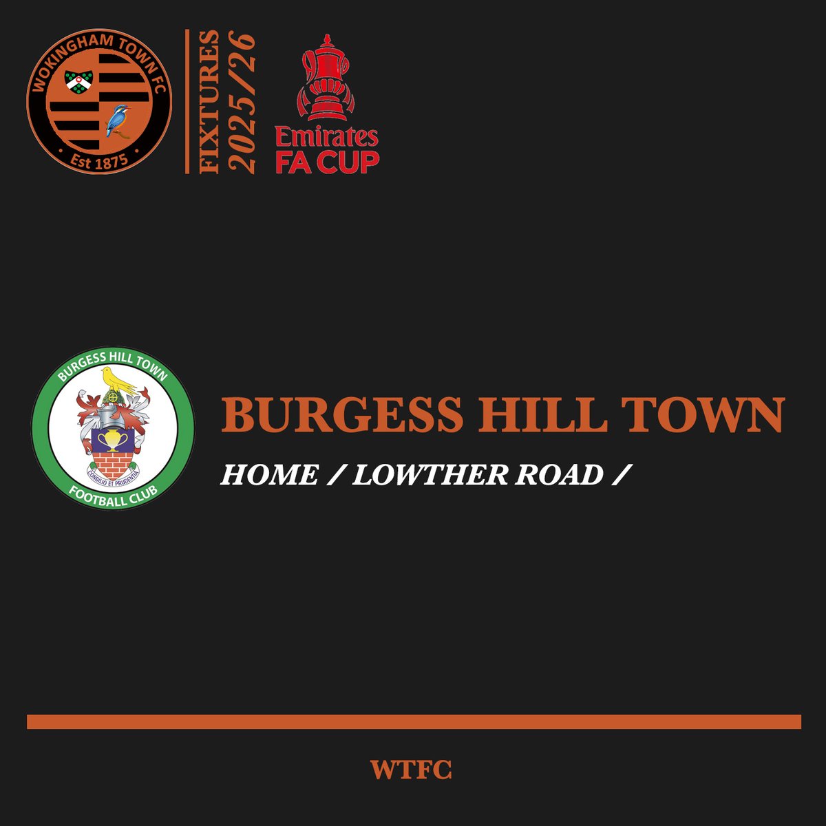 Wokingham Town FC (@wokinghamtownfc) on Twitter photo ℹ️🏆 𝐅𝐀 𝐂𝐮𝐩 𝐃𝐫𝐚𝐰
We will face <a href="/Official_BHTFC/">Burgess Hill Town FC</a> at home in the next round of the <a href="/EmiratesFACup/">Emirates FA Cup</a>.
Date TBC soon - 29/30/31st August. ℹ️🏆 𝐅𝐀 𝐂𝐮𝐩 𝐃𝐫𝐚𝐰
We will face <a href="/Official_BHTFC/">Burgess Hill Town FC</a> at home in the next round of the <a href="/EmiratesFACup/">Emirates FA Cup</a>.
Date TBC soon - 29/30/31st August.