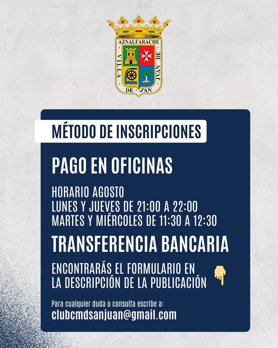 💛⚽️💙 ¡Campaña abonados CMD San Juan!

¡Por solo 30€! Hazte con tu abono y disfruta del crecimiento de un club y un pueblo que trabaja día a día por mejorar. 

👇 Link para pago por transferencia:
docs.google.com/forms/d/e/1FAI…

#cmdsanjuan #sanjuandeaznalfarache