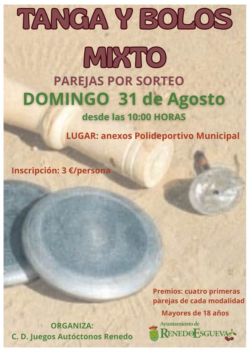 ¡El próximo 31 de agosto, campeonato de tangas y bolos a las 10 horas!
¡Parejas por sorteo!
Inscripción: 3€/persona
¡Premios para las cuatro primeras parejas de cada modalidad!