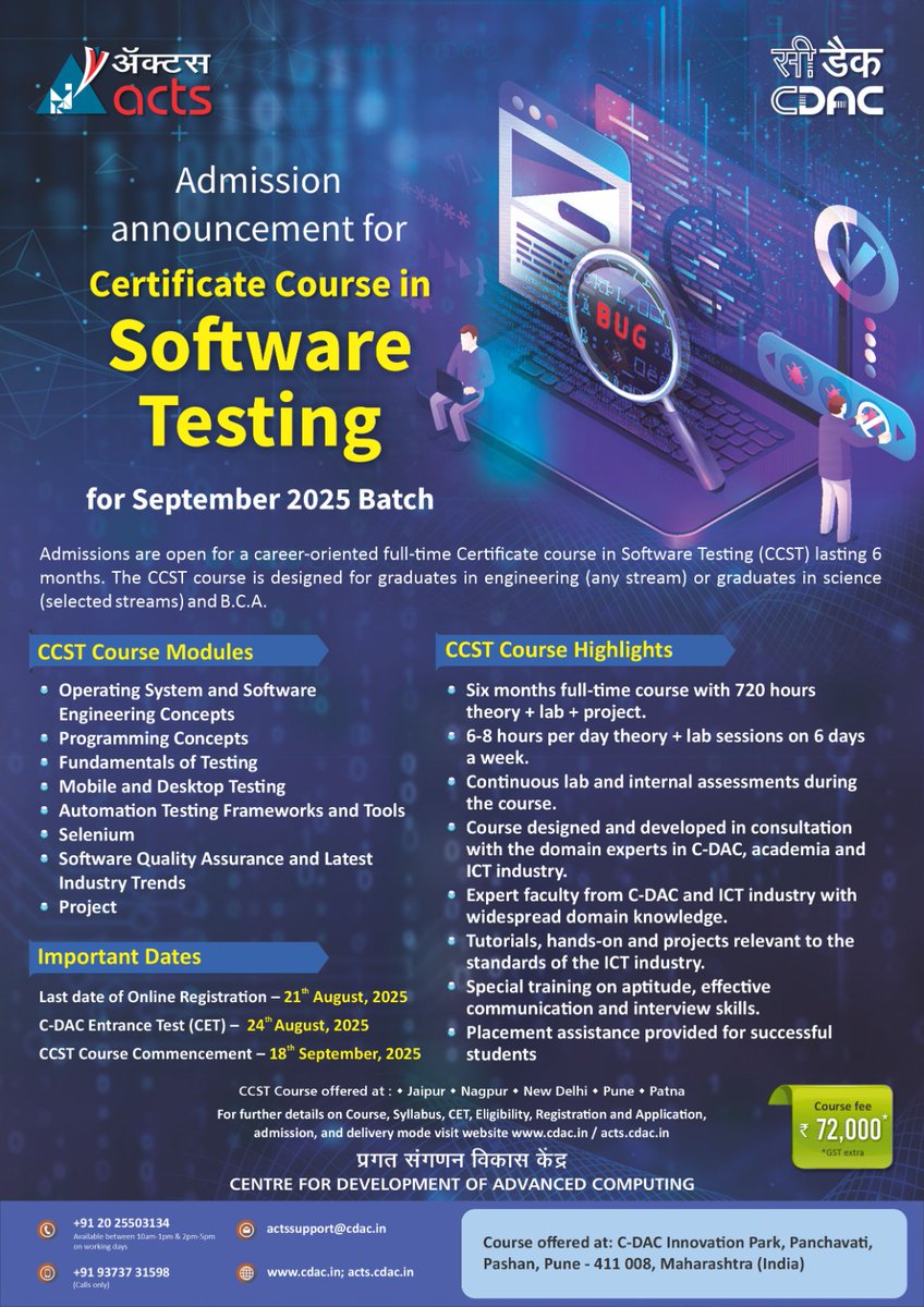 NetcomAtcCdac's tweet photo. 🎓✨ C-DAC New Course Launched! 📢 Good News!

To encourage more applications, the last date of registration has been extended till 21st August 2025 

Eligibility: BCA, BSc (CS/IT/Electronics), MSc (CS/IT/Electronics), Engineering, MCA or equivalent

📞7665010205 | 9649272709 https://t.co/jPrhfNAzVr