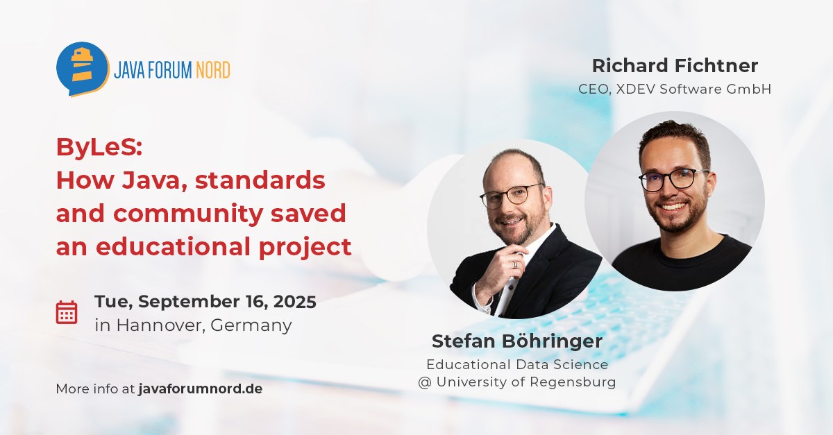 XDEVSoftware's tweet image. XDEV is at Java Forum Nord 2025 on Sep 16 🇩🇪! Richard Fichtner &amp;amp; Stefan Böhringer (Uni Regensburg) will share insights on how Java, standards &amp;amp; community saved the ByLeS project. Learn how to scale secure Java apps! Get your tickets now.
#Quarkus #JakartaEE #Keycloak