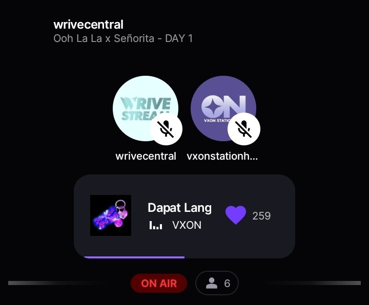 [ ON AIR ] 

good evening! <a href="/wrivestream/">WRIVE STREAM</a> are now ON AIR for their DAY 1 Ooh La La x Señorita week-long collaboration with <a href="/genzixsvteam/">GenZix Stream-Vote Team</a>, joinnn us tonight until 11PM! 

🕙: 8 PM - 11 PM
📻: wrivecentral
🔗:share.stationhead.com/ici549umkb7c 

#VXON #WRIVE #GENZIX <a href="/vxonofficial/">VXON</a>