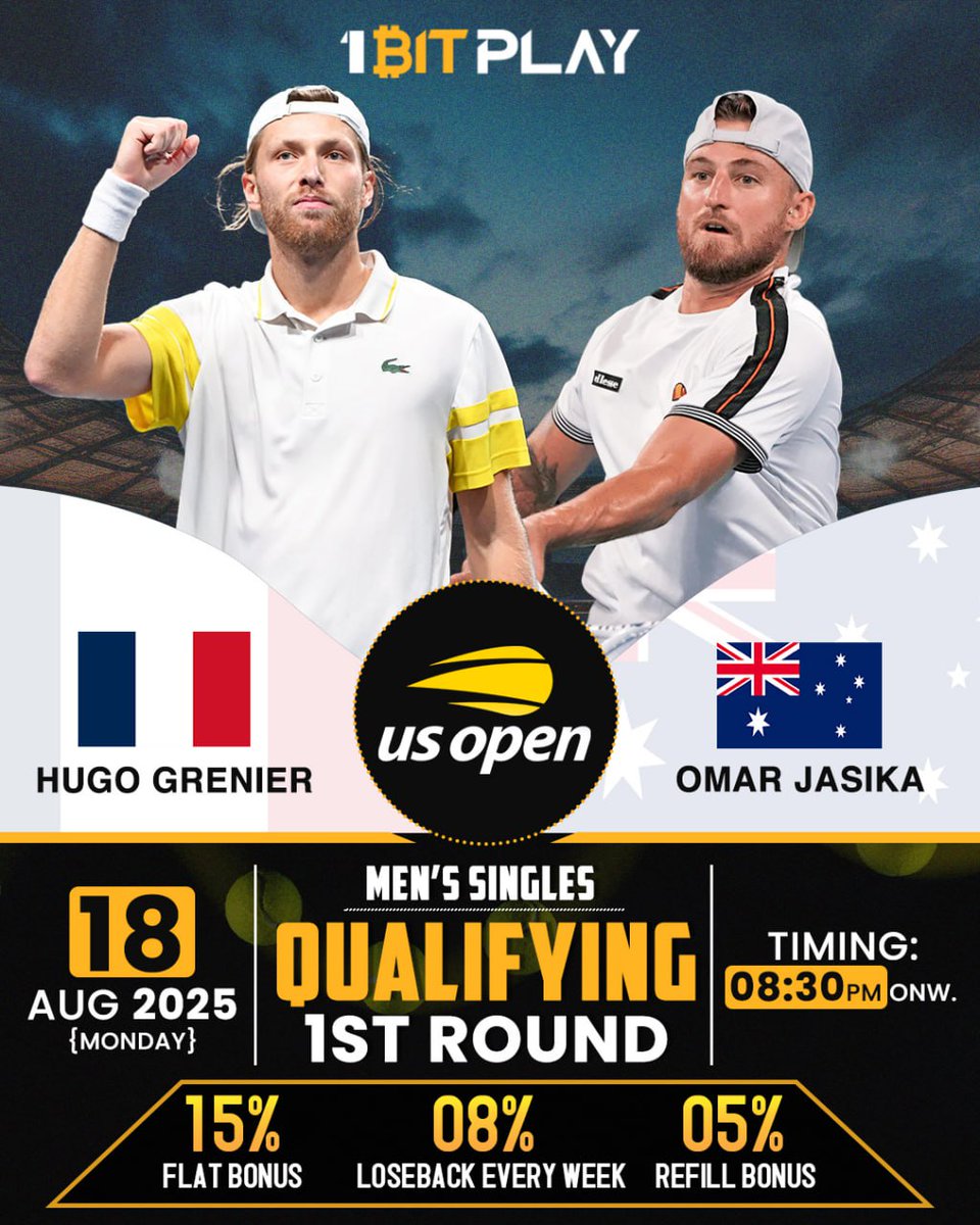 1bitplay's tweet photo. 🎾 US Open 2025 Qualifiers Begin 🎾

🔥 Qualifying 1st Round – Court 13
⏰ 8:30 PM
🇫🇷 Hugo Grenier 🆚 Omar Jasika 🇦🇺

The road to the main draw starts here—who will take the first step toward glory in New York? 🗽💥

🎁 15% Bonus | 8% Weekly Loseback | 5% Refill Bonus

🚀 Fast Deposits • Instant Withdrawals • Non-Stop Action!

📲 Join the thrill ➡️ https://t.co/UTJNhWI89b

#USOpen2025 #USOpen #Tennis2025 #WTA #WomensTennis #GrandSlam #TennisMatch #Court9 #GameSetMatch #TennisFans #usopenseries
