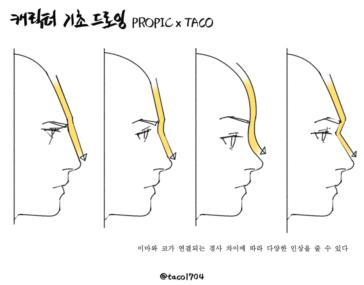 이마와 코가 연결되는 경사 차이에 따라 다양한 인상을 줄 수 있다
額と鼻がつながる傾斜の違いによって様々な印象を与えることができる