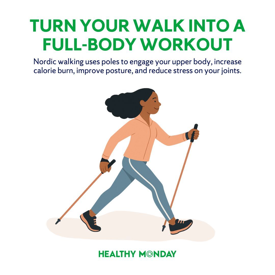 Walking poles are trending again, and for good reason. #NordicWalking activates up to 90% of your muscles compared to about 50% with regular #walking. It’s a simple way to burn more calories and improve posture. Learn more: healthymonday.com/physical-activ… 

#HealthyMonday #MoveItMonday
