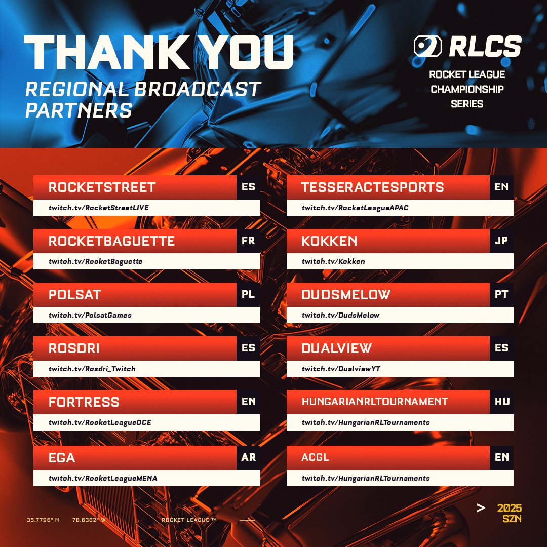 Thank you to all of our regional broadcast partners during the 2025 season 🫂

Worldwide coverage of RLCS is possible because of you! 📺