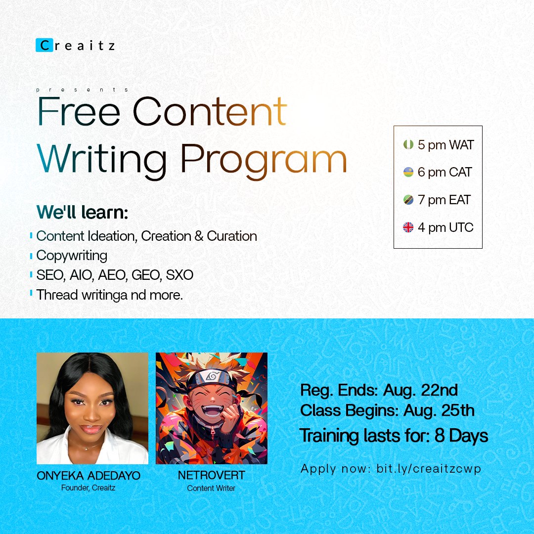 Creaitz HQ (@creaitzhub) on Twitter photo Content Writing Program is BACK!
But this time, we're doing it with the amazing <a href="/netrovertHQ/">Netrovert 🦊</a>.
You'll learn:
- Content ideation, creation, and curation
- Copywriting
- SEO, AIO, AEO, GEO, SXO
- Thread writing
Registration ends: August 22nd
Apply now: bit.ly/Creaitzcwp Content Writing Program is BACK!
But this time, we're doing it with the amazing <a href="/netrovertHQ/">Netrovert 🦊</a>.
You'll learn:
- Content ideation, creation, and curation
- Copywriting
- SEO, AIO, AEO, GEO, SXO
- Thread writing
Registration ends: August 22nd
Apply now: bit.ly/Creaitzcwp