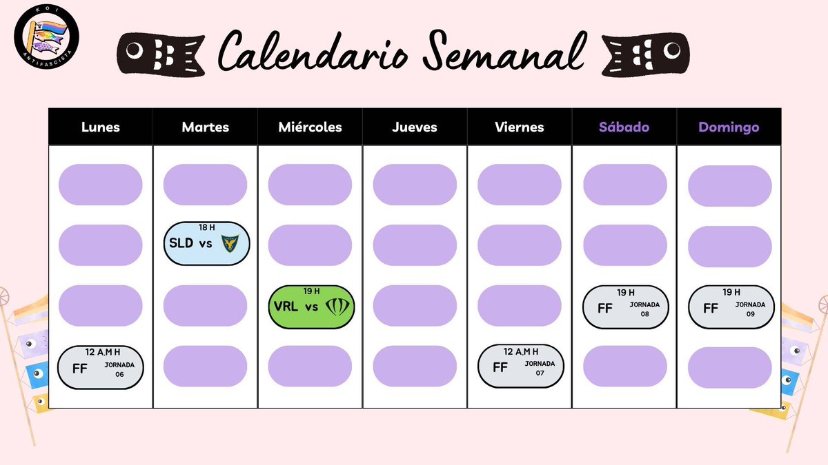 ¡Calendario semanal! 💜 Semana del 18 al 24 de agosto

Puedes activar las notificaciones desde aquí: calendariokoi.es

Puedes unirte a nuestro Discord aquí: discord.gg/aXADWnkaX2