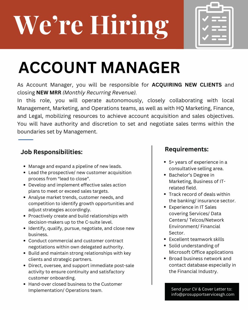 Vacancy                  
ACCOUNT MANAGER
send cv to: info@prosupportservicesgh.com          
#accra #jobopportunity #jobs #jobseekers #Ghana Shatta Wale #HIGHCOURT #Shattawale #landlord #Bawumia #jobsinghana #vacancygh #ghanajobs #jobberman #ghanajobs Accra #Accra