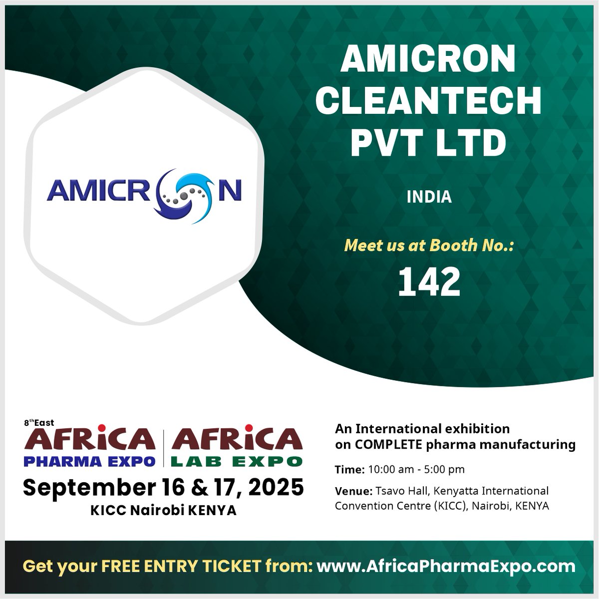 Meet us at Booth No: 142 @ AMICRON CLEANTECH PVT LTD

Join us at the 𝟖𝐭𝐡 𝐞𝐝𝐢𝐭𝐢𝐨𝐧 𝐨𝐟 𝐄𝐀𝐒𝐓 𝐀𝐅𝐑𝐈𝐂𝐀 𝐏𝐇𝐀𝐑𝐌𝐀 𝐄𝐗𝐏𝐎 📅 September 16 &amp; 17, 2025
Venue: KICC Nairobi KENYA

🔗𝗚𝗘𝗧 𝗬𝗢𝗨𝗥 𝗙𝗥𝗘𝗘 𝗘𝗡𝗧𝗥𝗬 𝗧𝗜𝗖𝗞𝗘𝗧: africapharmaexpo.com