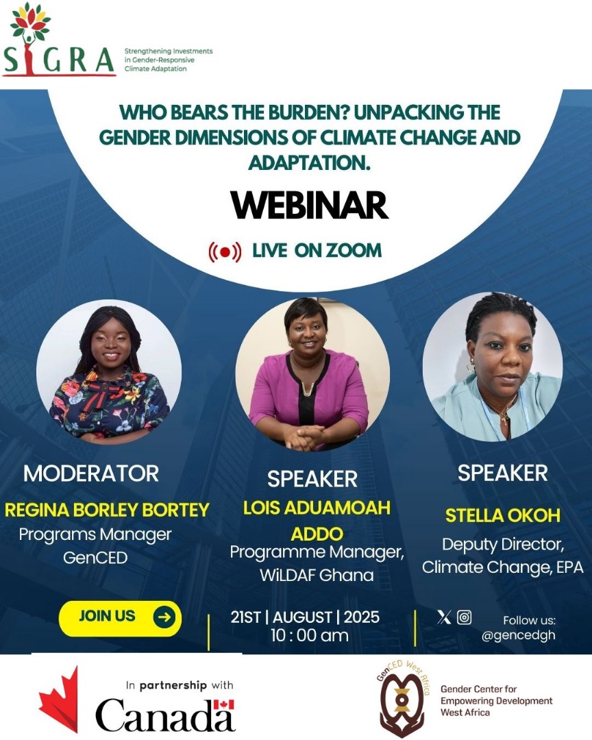 Climate change isn’t gender neutral. Women &amp; vulnerable groups carry the heaviest burden. Let’s talk about why &amp; how Ghana’s NAP is responding!!! #GenCED #SIGRA #KnowTheNAP #ClimateResilience #InclusiveAdaptation