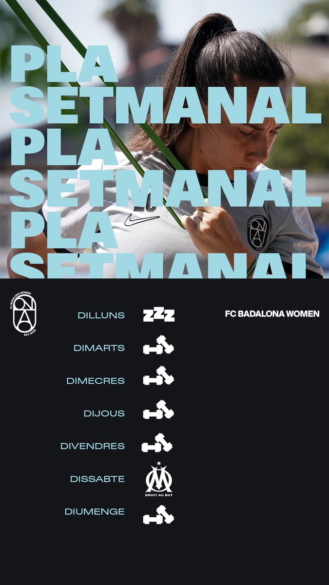🌊𝙀𝙇 𝙉𝙊𝙎𝙏𝙍𝙀 𝙋𝙇𝘼 𝙎𝙀𝙏𝙈𝘼𝙉𝘼𝙇

⚡️Dilluns descans, dissabte partit i entrenament la resta dels dies.

#WeareOna #FCBadalonaWomen