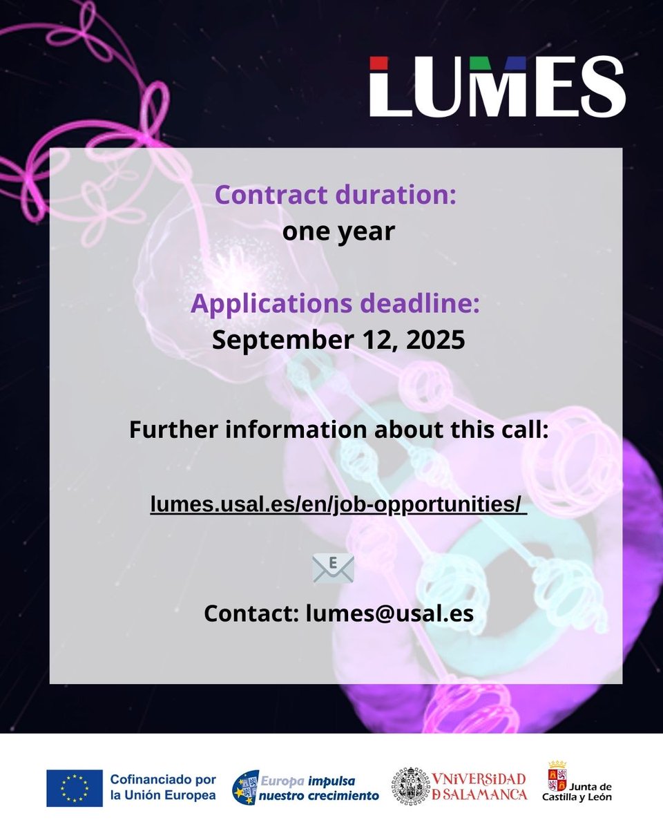 💼We are hiring! 

Join the LUMES team at the University of Salamanca. 

One year contract! 

- One pre-doctoral research 
- One post-doctoral research 

More information: 
lumes.usal.es/en/job-opportu…

#SomosLUMES <a href="/usal/">Universidad de Salamanca</a> #research