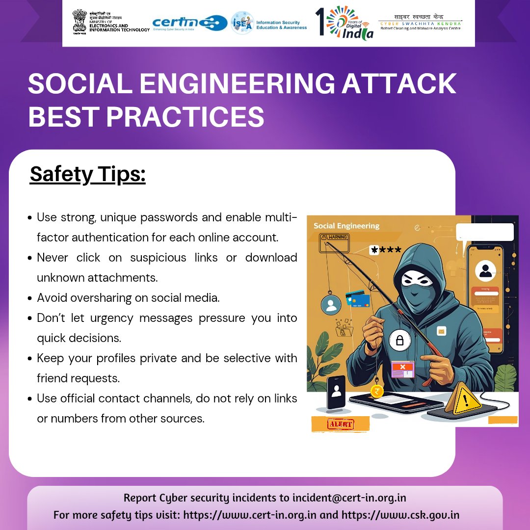 Cybersecurity best practices.  #indiancert #cyberswachhtakendra #StaySafeOnline #cybersecurity #besafe #staysafe #mygov #Meity #onlinefraud #cybercrime #scamming #cyberalert #CSK #CyberSecurityAwareness
