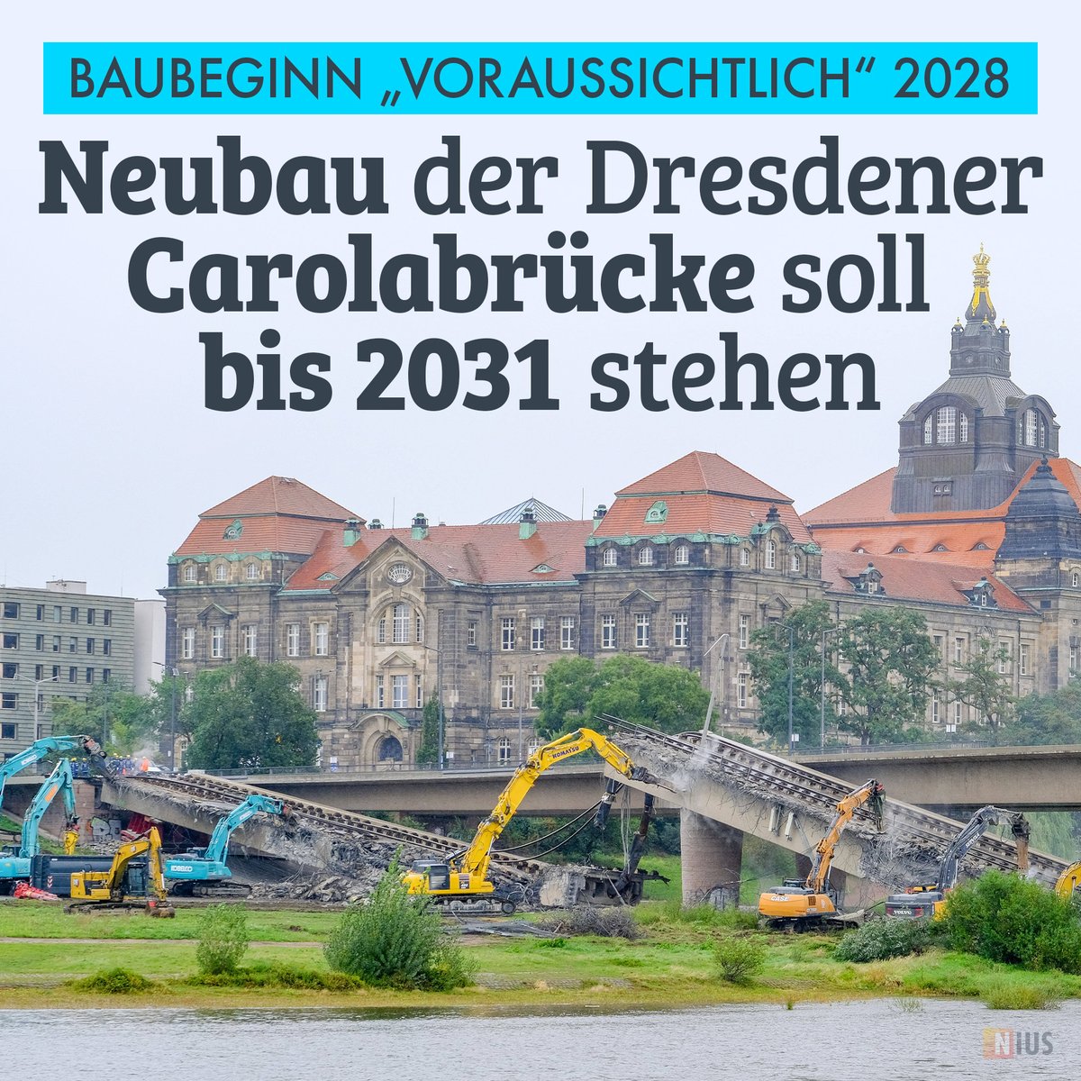 Jetzt geht es Schlag auf Schlag, schon im zweiten Quartal 2028 – also gerade einmal vier Jahre, nachdem sie eingestürzt ist – könnte der Wiederaufbau der Dresdener Carolabrücke starten. 
nius.de/nachrichten/ne…