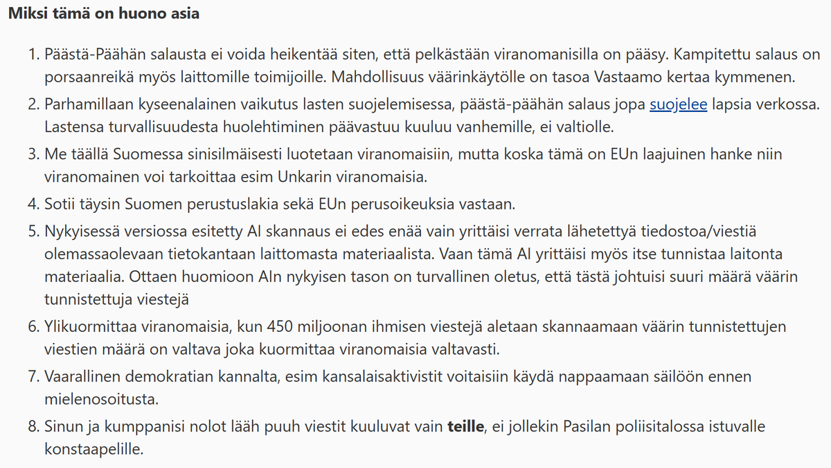 Mikä Chat Control?

EU:n orwelilainen massavalvontahanke.
Suomi kääntyi tämän hallituksen aikana skeptisistä tukijaksi. Miksi?

Tietoturvaa ei tällaisessa voi varmistaa ja loukkaa perusoikeuksiamme.

Älä usko kaunopuheisia lobbareita <a href="/LuluRanne/">Lulu Ranne</a>

reddit.com/r/Suomi/commen…