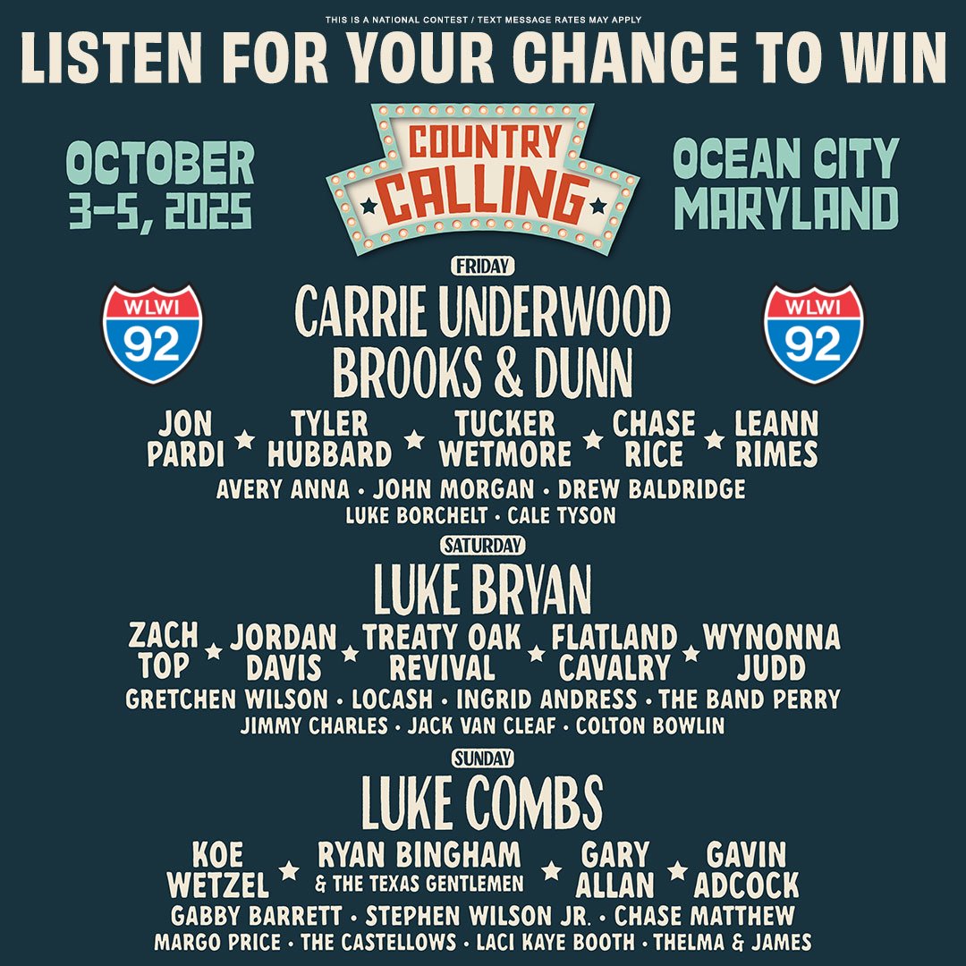 I-92 WLWI is ready to send you and a friend to Country Calling in Ocean City, Maryland! See Luke Combs, Carrie Underwood, Luke Bryan, and more! Win a trip for 2 with roundtrip air, hotel and tickets! Listen to I-92 weekdays at 8a, 10a, 2p, and 4p, prize provided by Live Nation.