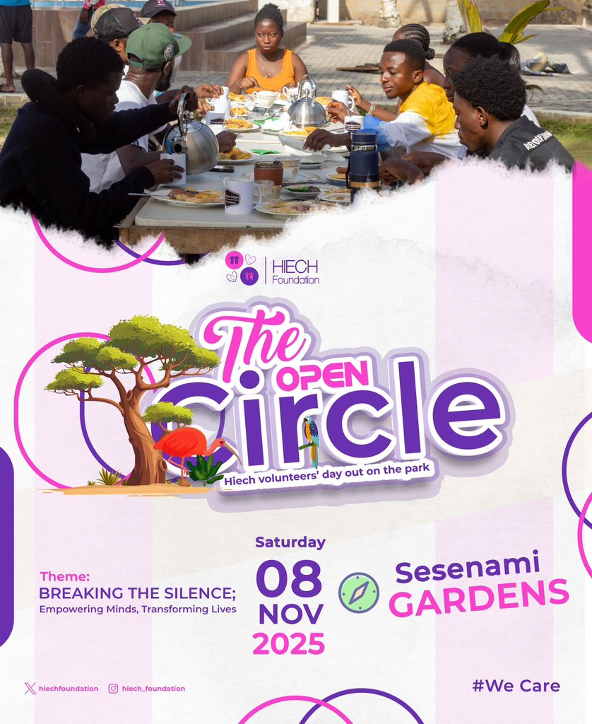 The Open Circle is here! ⭕️🫂
Get ready to have fun at the Sesenami Gardens as we celebrate ourselves and spread good vibes while breaking the silence, empowering minds and transforming lives💜. 

📍8th November 2025⚡️

#MentalHealthAwareness 
#WeCare💜
#VolunteersAffair🧍🏿‍♀️🧍🏾💜