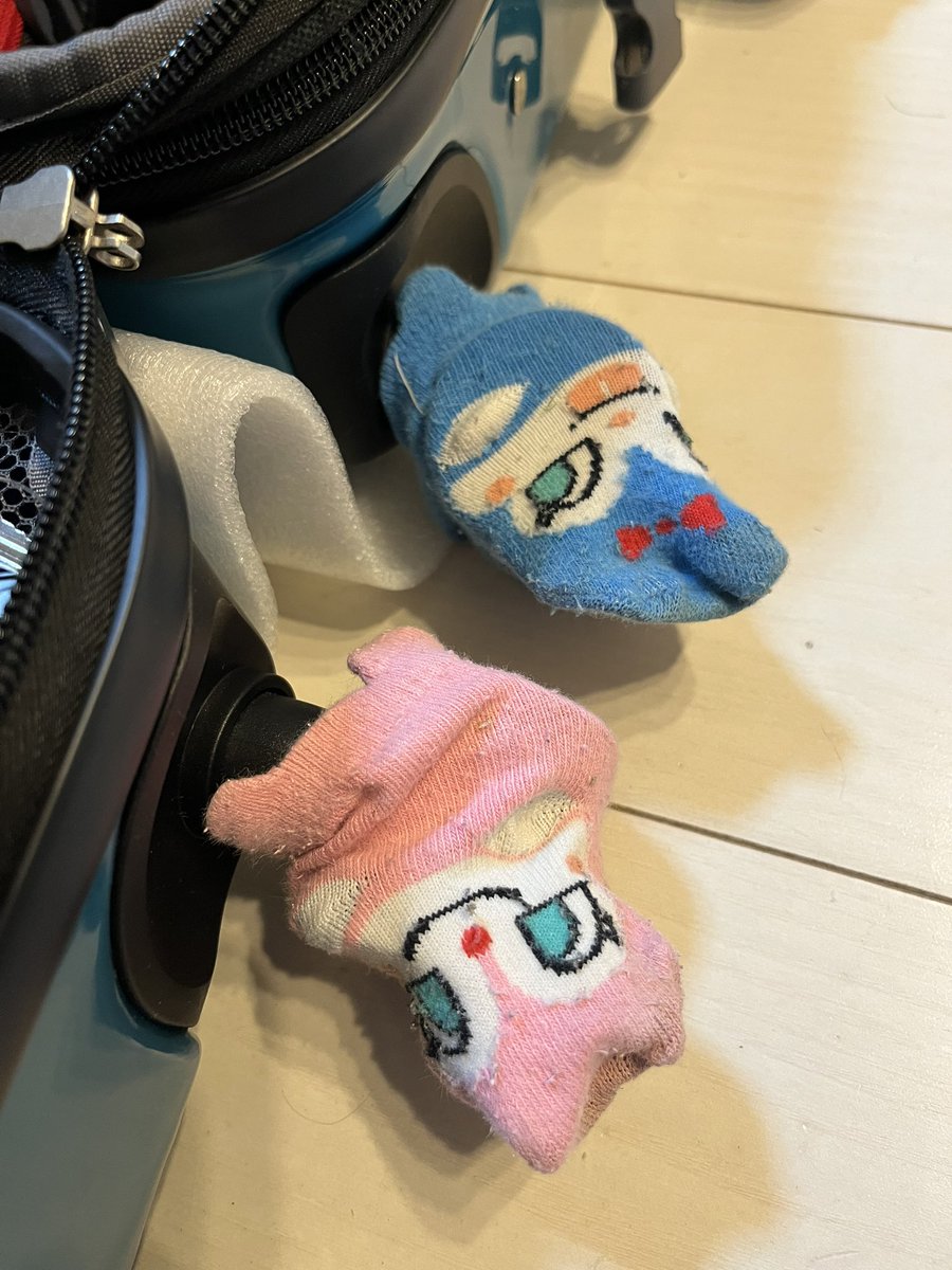 haco311's tweet photo. 子供が赤ちゃんの頃はいてた、捨てられない靴下をキャリーケースのキャスターカバーにしてる。 https://t.co/P5eUKaR7CL