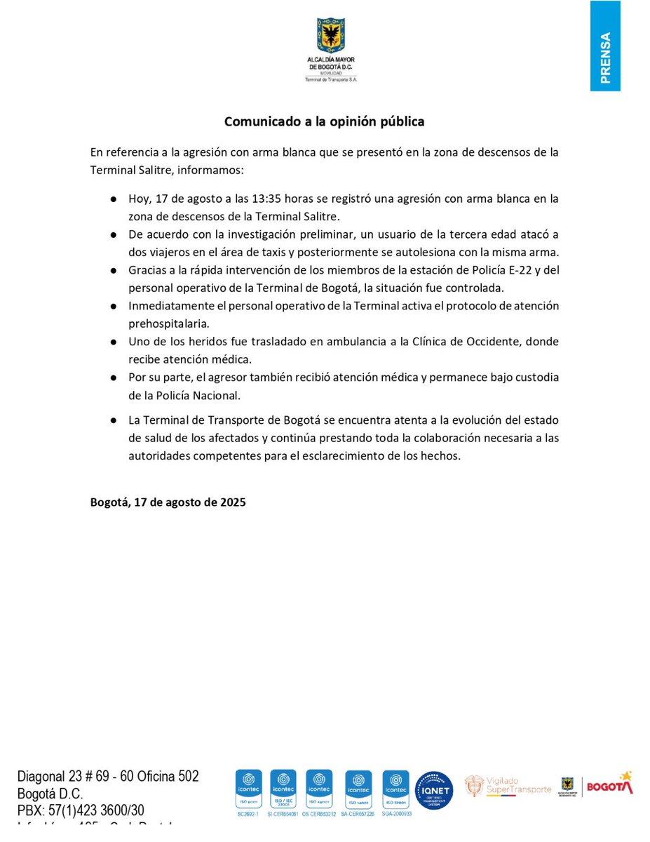 TerminalBogota's tweet photo. #ComunicadoOficial | Sobre los hechos que se presentaron el 17 de agosto en la zona de descensos de la @TerminalBogota sede Salitre, informamos:
Lee el comunicado completo aquí https://t.co/jEkZlQ06sx
#LaTerminalTeInforma https://t.co/wn9Dz446ga