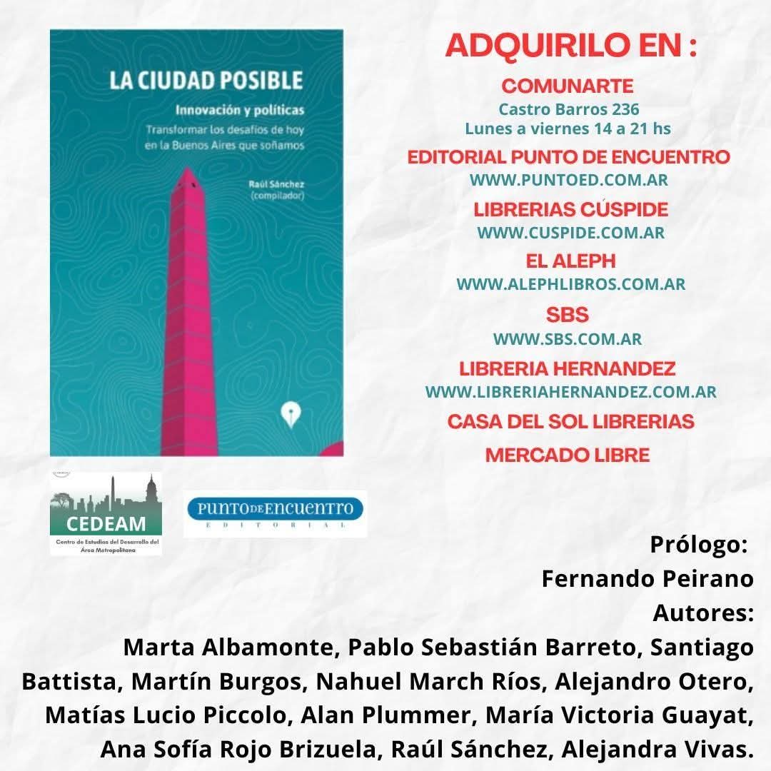 "LA CIUDAD POSIBLE. INNOVACIÓN Y POLÍTICAS".

Desde el <a href="/CEDEAM_FCE_UBA/">CEDEAM</a> (Centro de Estudios de Desarrollo Económico <a href="/UBAeconomicas/">Facultad de Cs. Económicas UBA</a> ) agradecemos a medios zonales y barriales que difunden nuestro libro editado por <a href="/PtoEncuentroEdi/">Punto de Encuentro Editorial & Librería Virtual</a> .
<a href="/CentroComunarte/">Comunarte</a>