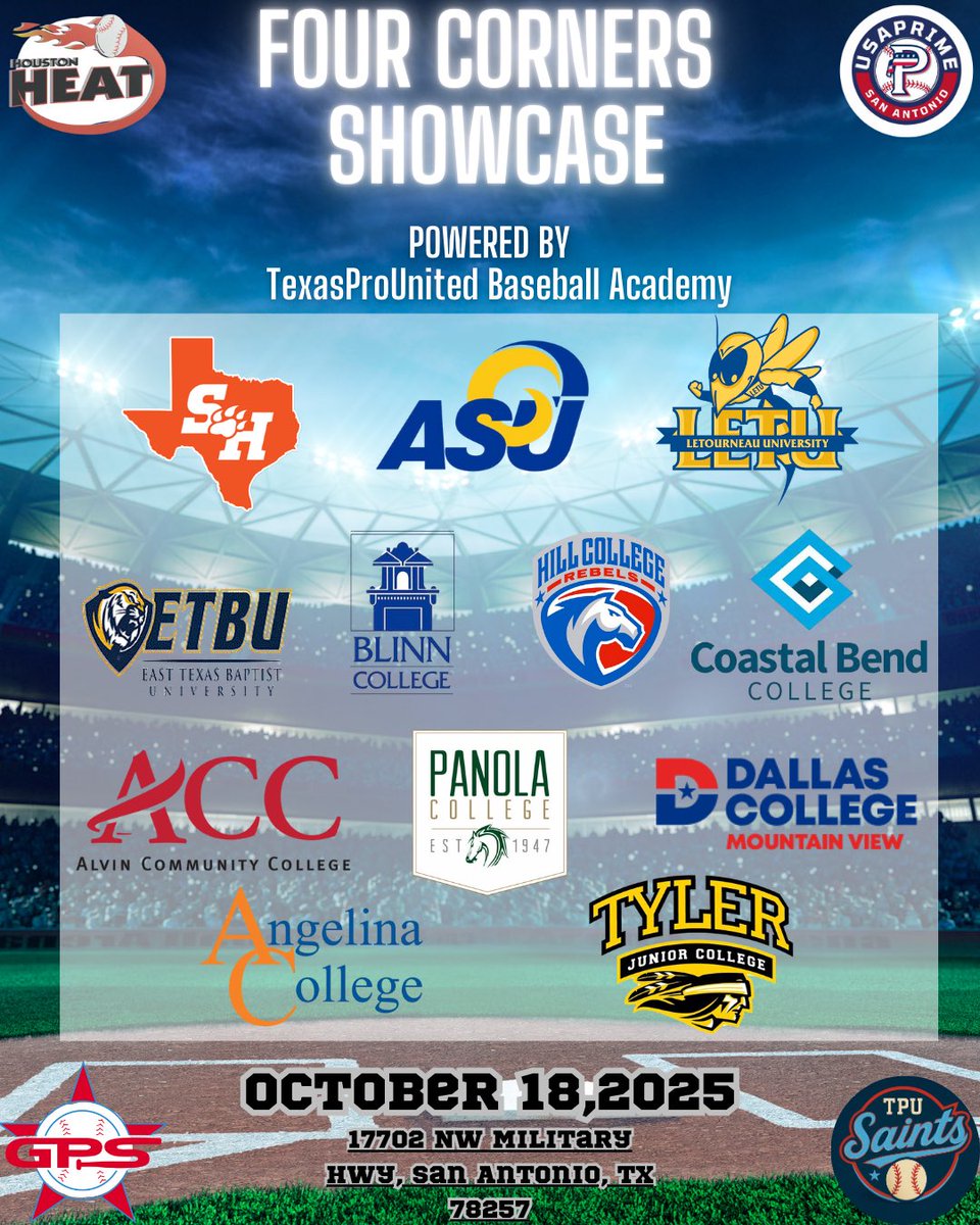 Trosky SW | TPU Baseball (@troskysw_tpu) on Twitter photo 🚨 Two Dates, Four Corners College Coach Showcases. 🚨
We’re excited to team up with three like-minded organizations this fall to bring our upperclassmen a can’t-miss opportunity for exposure.
🔥 Two showcase dates
⚾ Four powerhouse programs working together
🎯 One shared 🚨 Two Dates, Four Corners College Coach Showcases. 🚨
We’re excited to team up with three like-minded organizations this fall to bring our upperclassmen a can’t-miss opportunity for exposure.
🔥 Two showcase dates
⚾ Four powerhouse programs working together
🎯 One shared