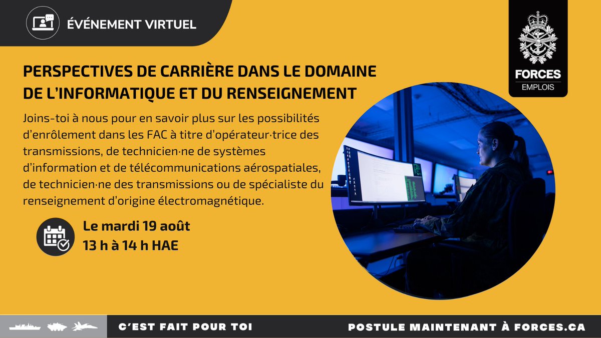 Découvre comment devenir opérateur·trice des transmissions, technicien·ne de systèmes d’information et de télécommunications aérospatiales, technicien·ne des transmissions ou spécialiste du renseignement d’origine électromagnétique dans les FAC :  forces.ca/fr/events-fr/#…