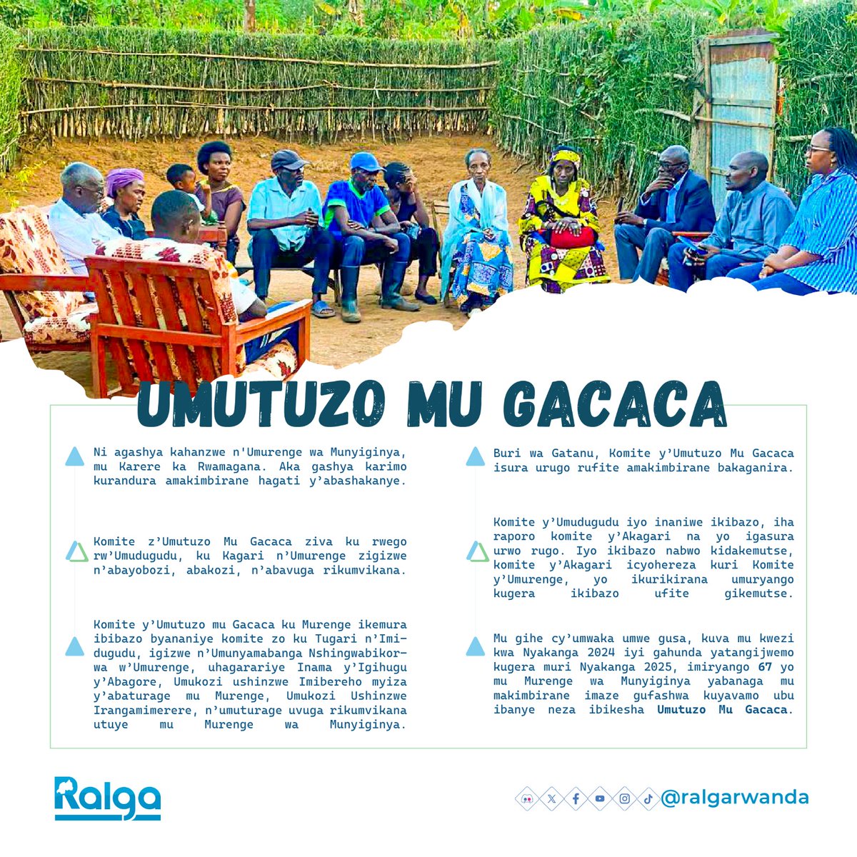 Rwanda Association of Local Government Authorities (@ralgarwanda) on Twitter photo Amakimbirane mu ngo ni kimwe mu bibazo abayobozi b'Inzego z'Ibanze basabwa gukemura kenshi.
Umurenge wa Munyiginya muri <a href="/RwamaganaDistr/">Rwamagana District</a>, wahanze agashya wise "𝗨𝗺𝘂𝘁𝘂𝘇𝗼 𝗺𝘂 𝗚𝗮𝗰𝗮𝗰𝗮" karimo kuwufasha kurandura amakimbirane mu ngo ku bufatanye n'inzego zitandukanye. Amakimbirane mu ngo ni kimwe mu bibazo abayobozi b'Inzego z'Ibanze basabwa gukemura kenshi.
Umurenge wa Munyiginya muri <a href="/RwamaganaDistr/">Rwamagana District</a>, wahanze agashya wise "𝗨𝗺𝘂𝘁𝘂𝘇𝗼 𝗺𝘂 𝗚𝗮𝗰𝗮𝗰𝗮" karimo kuwufasha kurandura amakimbirane mu ngo ku bufatanye n'inzego zitandukanye.