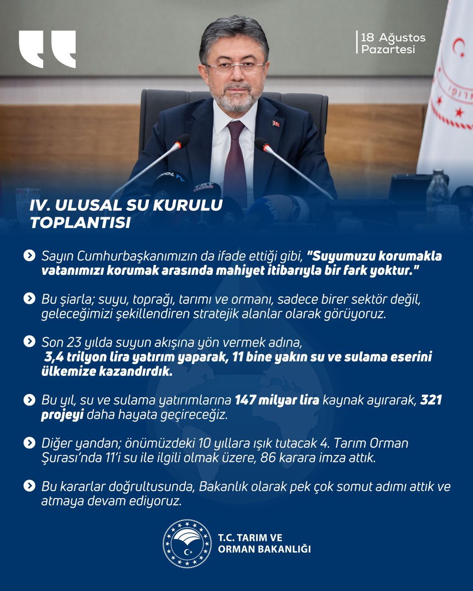 T.C. Tarım ve Orman Bakanlığı (@tctarim) on Twitter photo Bakanımız Sayın <a href="/ibrahimyumakli/">İbrahim Yumaklı</a>:
Son 23 yılda suyun akışına yön vermek adına, 3,4 trilyon lira yatırım yaparak, 11 bine yakın su ve sulama eserini ülkemize kazandırdık. Bu yıl, su ve sulama yatırımlarına 147 milyar lira kaynak ayırarak, 321 projeyi daha hayata geçireceğiz.
📍 Bakanımız Sayın <a href="/ibrahimyumakli/">İbrahim Yumaklı</a>:
Son 23 yılda suyun akışına yön vermek adına, 3,4 trilyon lira yatırım yaparak, 11 bine yakın su ve sulama eserini ülkemize kazandırdık. Bu yıl, su ve sulama yatırımlarına 147 milyar lira kaynak ayırarak, 321 projeyi daha hayata geçireceğiz.
📍