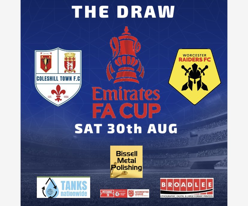 THE DRAW HAS BEEN MADE

We will be taking on <a href="/WorcsRaidersFC/">Worcester Raiders FC</a> in the next round of the <a href="/EmiratesFACup/">Emirates FA Cup</a> at home <a href="/PackMeadow/">Pack Meadow Limited</a>