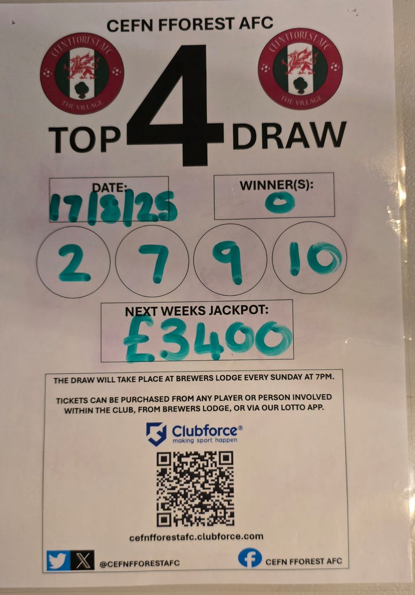No winners in last night TOP4️⃣DRAW sponsored by CJ Blinds. Therefore the jackpot this Sunday will be a fantastic £3400🤩 thank you for your continued support👍
#village🔴
cefnfforestafc.clubforce.com/products/lotto…