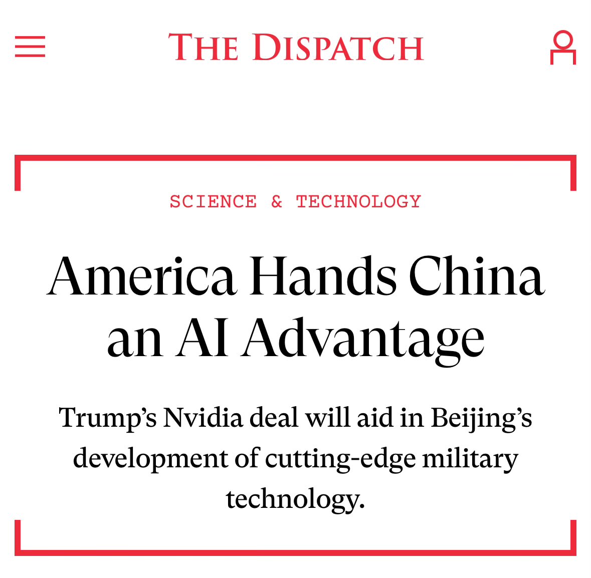 Michael Sobolik (@michaelsobolik) on Twitter photo “American technology should serve Americans, not the Chinese Communist Party. It should protect the American people, not equip its enemies.”
My latest in <a href="/thedispatch/">The Dispatch</a> on the Trump admin’s deal with Nvidia to sell advanced AI chips to China… “American technology should serve Americans, not the Chinese Communist Party. It should protect the American people, not equip its enemies.”
My latest in <a href="/thedispatch/">The Dispatch</a> on the Trump admin’s deal with Nvidia to sell advanced AI chips to China…