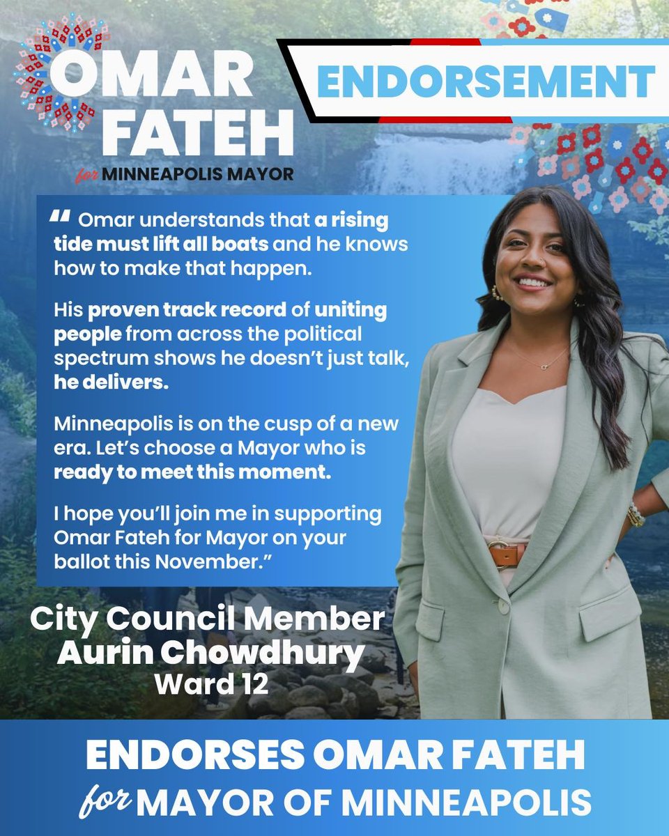 Omar Fateh (@omarfatehmn) on Twitter photo I'm incredibly honored that CM <a href="/aurinmpls/">Aurin Chowdhury Council Member W12</a> has endorsed our campaign for Minneapolis Mayor!
That's nearly half the Council supporting our vision!
We need a collaborative city government thatโs accountable to our residents. As Mayor, I'll end the culture of division at City Hall. I'm incredibly honored that CM <a href="/aurinmpls/">Aurin Chowdhury Council Member W12</a> has endorsed our campaign for Minneapolis Mayor!
That's nearly half the Council supporting our vision!
We need a collaborative city government thatโs accountable to our residents. As Mayor, I'll end the culture of division at City Hall.