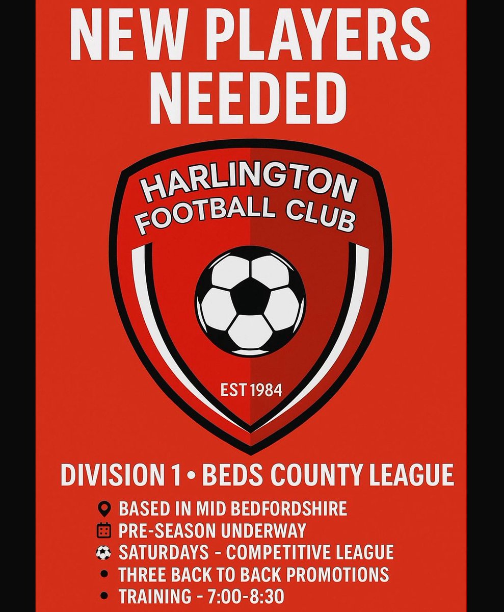 🚨 Harlington Reserves are on the hunt for new players ahead of Beds County League Div 1!

🧤 GK needed + open to experienced players across the leagues.
⚽️ 3 consecutive promotions – ambitious side on the rise.
📍 Training Thurs 7pm, New Grounds Harlington.

DM us on here!