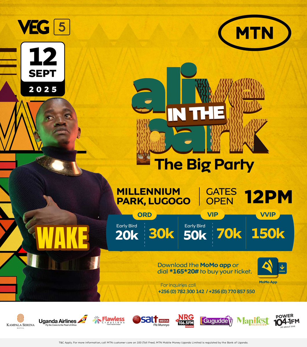 nrgradioug's tweet photo. Catch @wake_256 bringing holy heat and poetic chaos to The Big Party 🗣️🎤💥
🎟️ Early bird tickets going faster than your weekend plans — grab yours via @mtnmomoug 👉🏽 https://t.co/GGXEBawNRg
📞 For VVIP table flex, hit up: 0782300142 @VineEntGroup 

#NRGRadioUG #TheBigParty #AliveInThePark