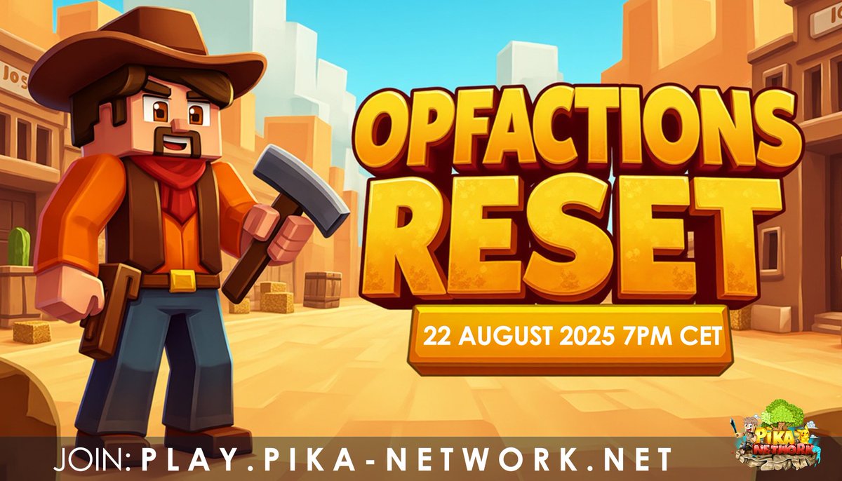 OpFactions reset -   Friday 22 August 2025 at 7PM CET! 🤠

To celebrate, we are running a giveaway for:
   ▪️ 1x €50 Store Giftcard

Follow us, Retweet, and Like to enter. 
Good luck!

📚Information: pika-network.net/opfactions-res…