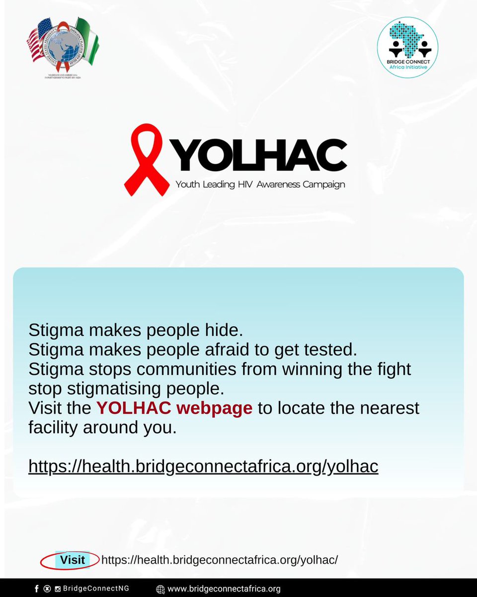 There’s no stigma in knowing your status. The real danger lies in not knowing. Let’s
break the silence and promote routine testing.
health.bridgeconnectafrica.org/yolhac#YOLHAC #EndHIVStigma #EndAIDS
#USinNigeria #PEPFARNigeria #PEPFARsmallgrants #BCAI