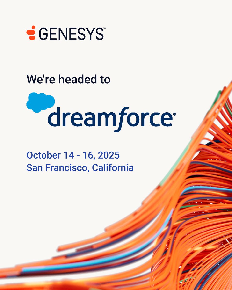 Genesys's tweet photo. Hey #DF25, we'll see you soon! 👋

Join Genesys in San Francisco this September and see how AI is transforming CX.

Let’s connect → https://t.co/5v81NUa3D1 https://t.co/Aem31RHD7j