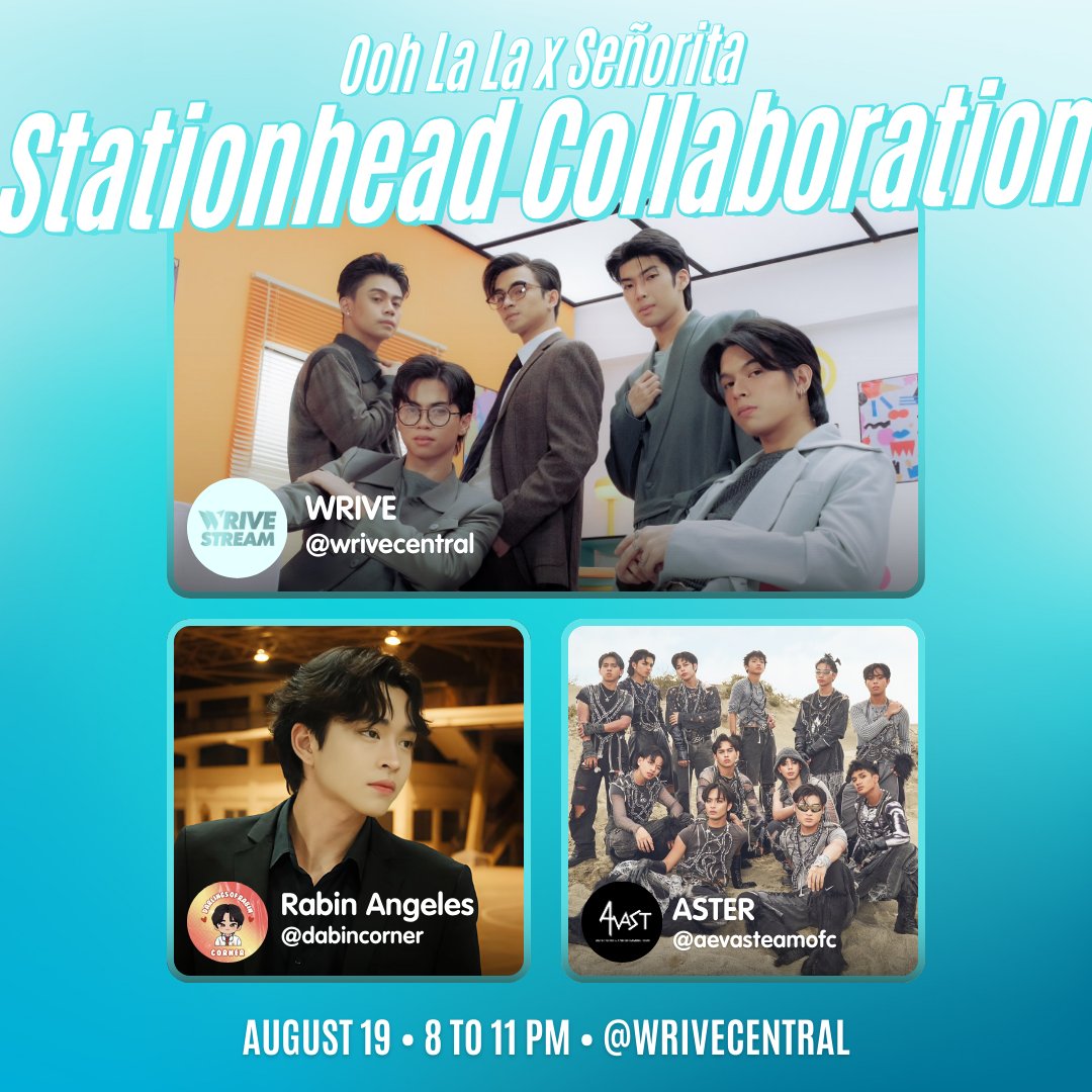 WRIVE STREAM (@wrivestream) on Twitter photo Lalayag na ang tibok ng aming musika! ⛵️💙
Abutin ang mga tala kasama ang <a href="/_dabincorner/">Dabin Corner</a> at <a href="/AsterVast_ofc/">ASTER VOTING & STREAMING TEAM</a> sa DAY 2 ng ating weeklong Stationhead collaboration! ✈️🩵
🗓️: August 19, 8 to 11 PM
📻: stationhead.com/wrivecentral
#WRIVE_OohLaLa #WRIVE_Señorita
#WRIVE <a href="/wriveph/">WRIVE PH</a> Lalayag na ang tibok ng aming musika! ⛵️💙
Abutin ang mga tala kasama ang <a href="/_dabincorner/">Dabin Corner</a> at <a href="/AsterVast_ofc/">ASTER VOTING & STREAMING TEAM</a> sa DAY 2 ng ating weeklong Stationhead collaboration! ✈️🩵
🗓️: August 19, 8 to 11 PM
📻: stationhead.com/wrivecentral
#WRIVE_OohLaLa #WRIVE_Señorita
#WRIVE <a href="/wriveph/">WRIVE PH</a>