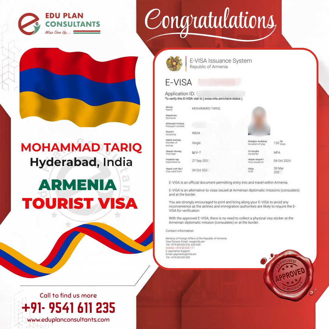 eduplanconsult's tweet photo. 🎉 Congratulations! 🎉
Heartiest congratulations to Asif Khan, Babar Khan, Manoj Kumar, Shahrukh Khan, and Mohammad Tariq on successfully obtaining their Armenia Tourist Visas! ✨
#Congratulations #AsifKhan #BabarKhan #ManojKumar #ShahrukhKhan #MohammadTariq #ArmeniaVisa https://t.co/jYUFzomJfw