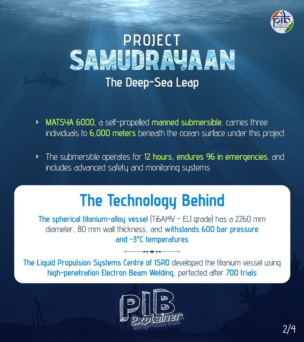 PIB_India's tweet photo. Project Samudrayaan 

🔹 India launched the #Samudrayaan Project- under the umbrella of #DeepOceanMission, to work on its first component of deep-sea exploration through a manned submersible

🔹 #MATSYA 6000, a self-propelled manned submersible capable of transporting three individuals to depths of up to 6,000 meters beneath the ocean surface is being developed under this project 

🔹 The submersible is built to work for 12 hours of operational period and sustain up to 96 hours in emergency scenarios

(2/4)