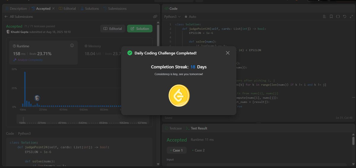 Khushii__19's tweet image. Day 18/50 – 24 Game 🎴
Backtracking + recursion to test all number pairings & operations.
leetcode.com/problems/24-ga…
Brute force works since only 4 cards → ~10k states max.
#50DaysOfCode #Backtracking #LeetCode #DSA