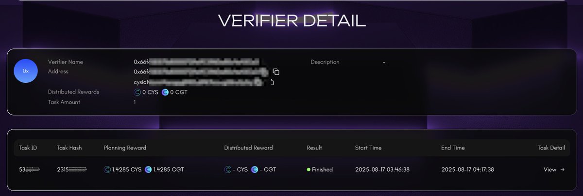 Checked on my <a href="/cysic_xyz/">Cysic</a> verifier after a while of not doing so. 

Yesterday it got a task that it managed to process. An efficient prover network at work. 

However its worth noting, I first purchased and it was up and running from the first of this month. Dunno why it took long