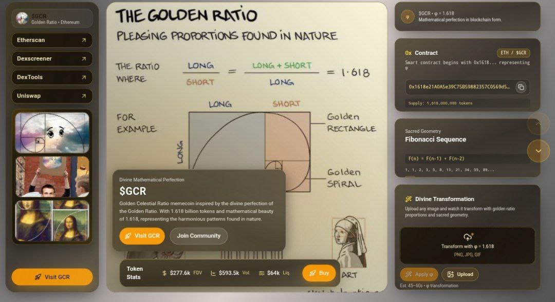 Not gonna lie this is wild. $GCR just dropped the Golden Celestial Ratio Generator dApp and it’s pure meme fuel. Upload any image and it reveals where 1.618 (φ) shows up. Faces, bodies, art, even memes. Narrative sells itself: the Divine Proportion is everywhere, and now it’s