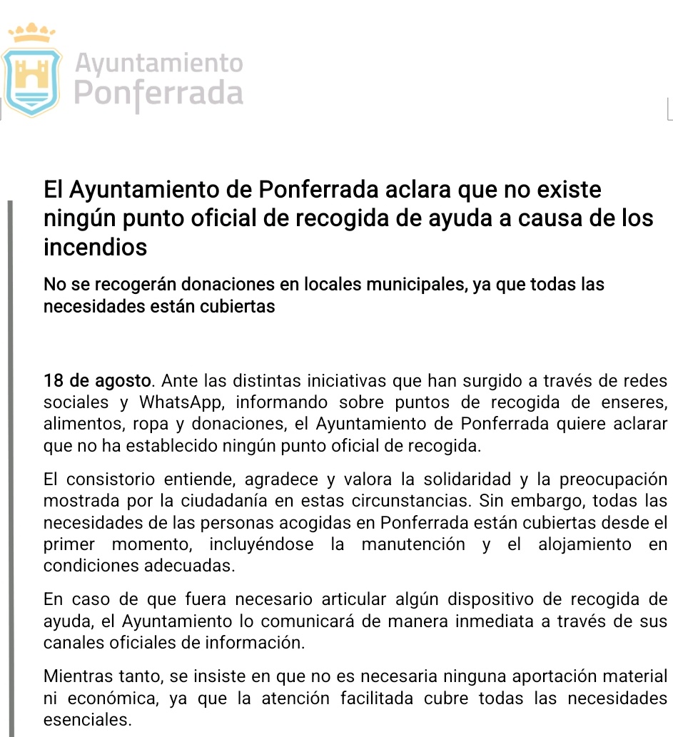📢IMPORTANTE: 

El Ayuntamiento de #Ponferrada NO ha habilitado ningún punto oficial de recogida de ayuda, ya que las necesidades de todas las personas acogidas están cubiertas. 
✅Si hubiera algún cambio se comunicará a través de los canales oficiales.

Muchas gracias 🫂