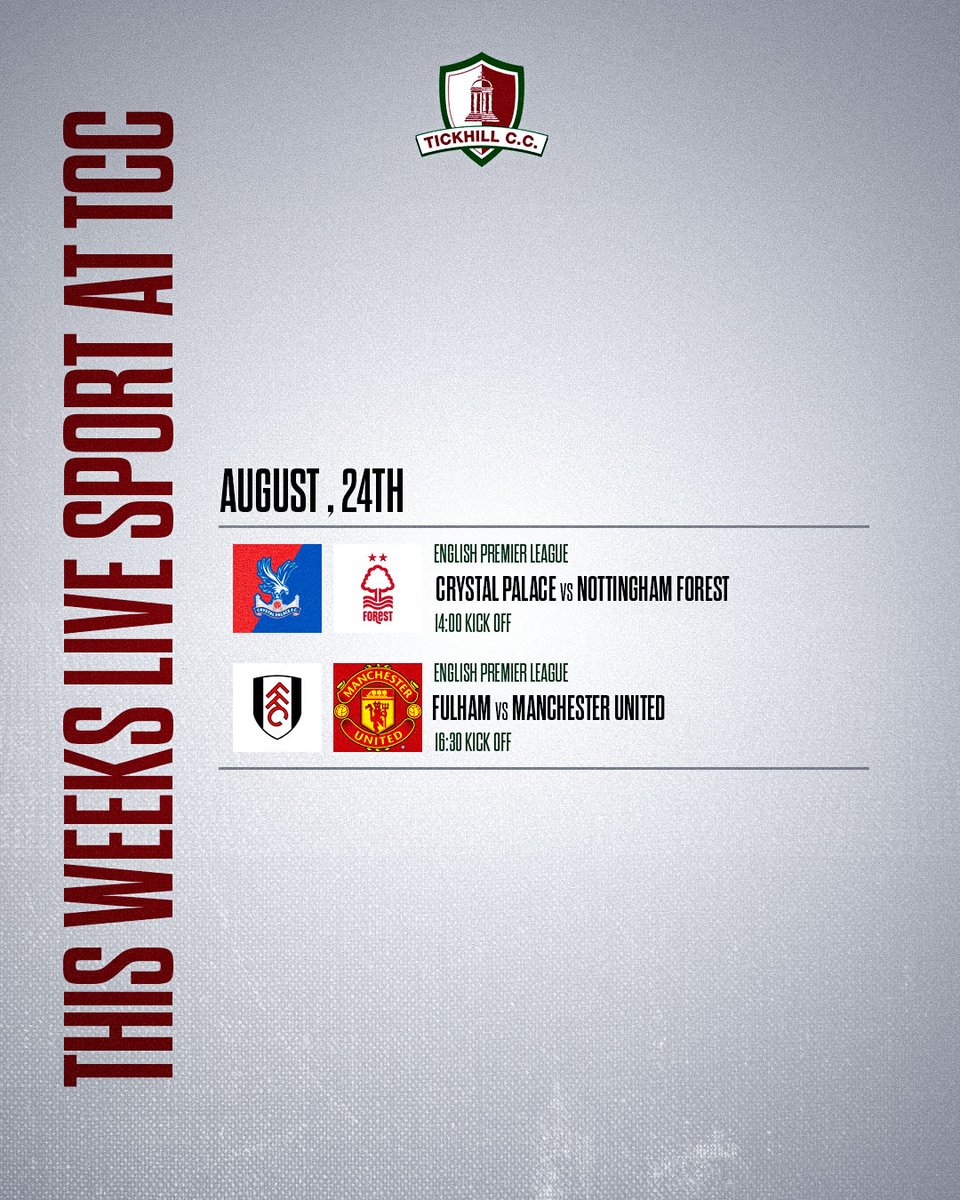 A busy week in live sport on our screens at the club this week.

We kick off the week with Leeds United's return to the Premier Legue as they host Everton at 8pm.

Club open from 5pm with all the build up from 6.30pm.

#tickhill #doncaster #livesport