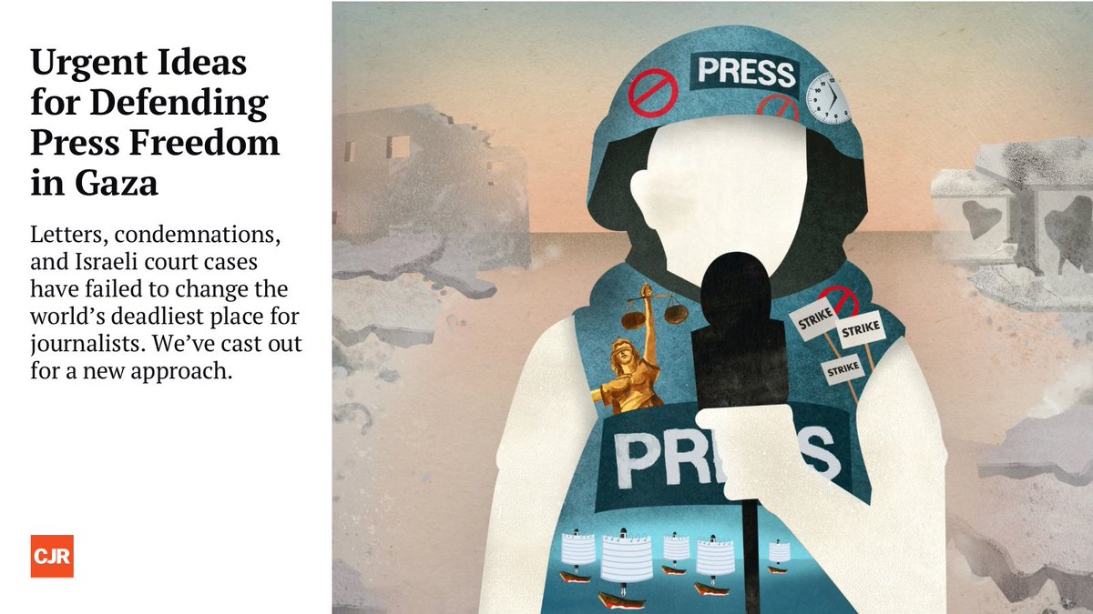 AzmatZahra's tweet image. Letters, condemnations, and Israeli court cases have failed to change the world’s deadliest place for journalists, so @CJR &amp;amp; the Li Center @columbiajourn cast out for other ideas for how to defend press freedom in Gaza...