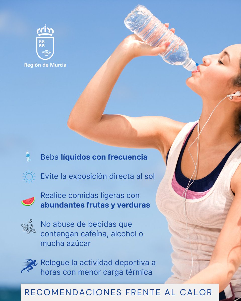 🌡️ Ante las altas temperaturas, máxima precaución. 

Adoptar medidas preventivas es esencial para evitar riesgos para la salud, como son las siguientes:

🍉 Realice comidas ligeras con abundantes frutas y verduras para reponer las sales minerales perdidas por el sudor.

☕ No