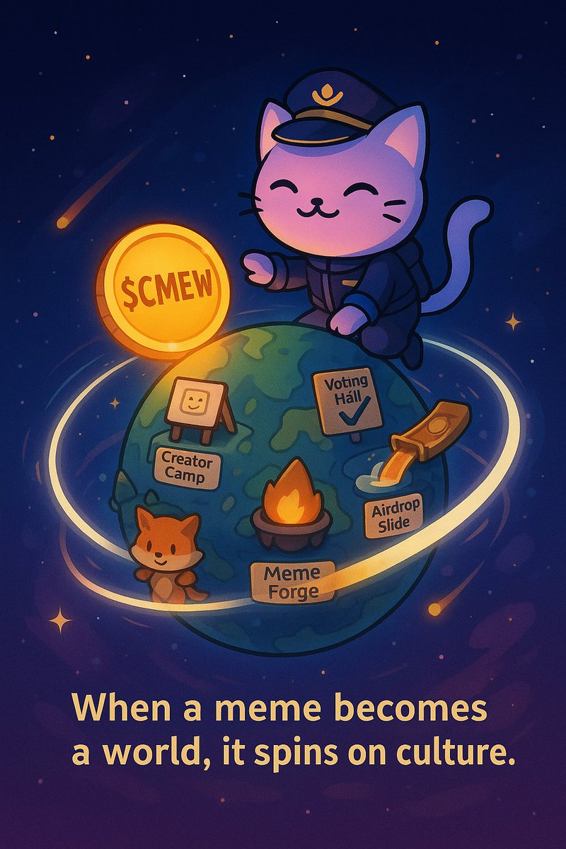 CelestialMew_X's tweet photo. When memes stop being jokes and start becoming infrastructure, you get a culture that runs on its own gravity.

$CMEW isn’t just a token—it’s a self-sustaining orbit where creation, rewards, and community drive each other forward. https://t.co/MX5ihIkLZE