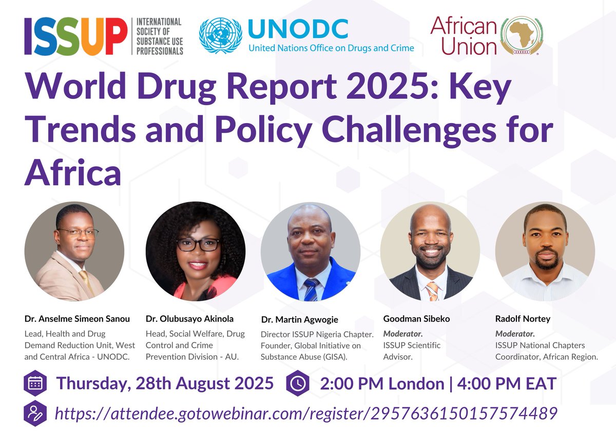 ISSUP Global, UNODC, and the African Union invite you to an upcoming webinar on the World Drug Report 2025, focusing on key trends and policy challenges for Africa.

📅 Thursday, 28 August 2025
🕑 2PM London | 9AM ET
🔗 Register: issup.net/events/calenda…